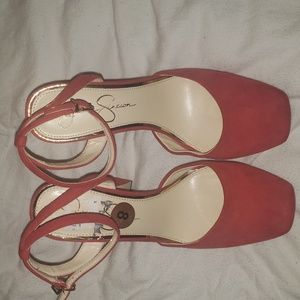 Orange Red Jessica Simpson platform ankle strap heels